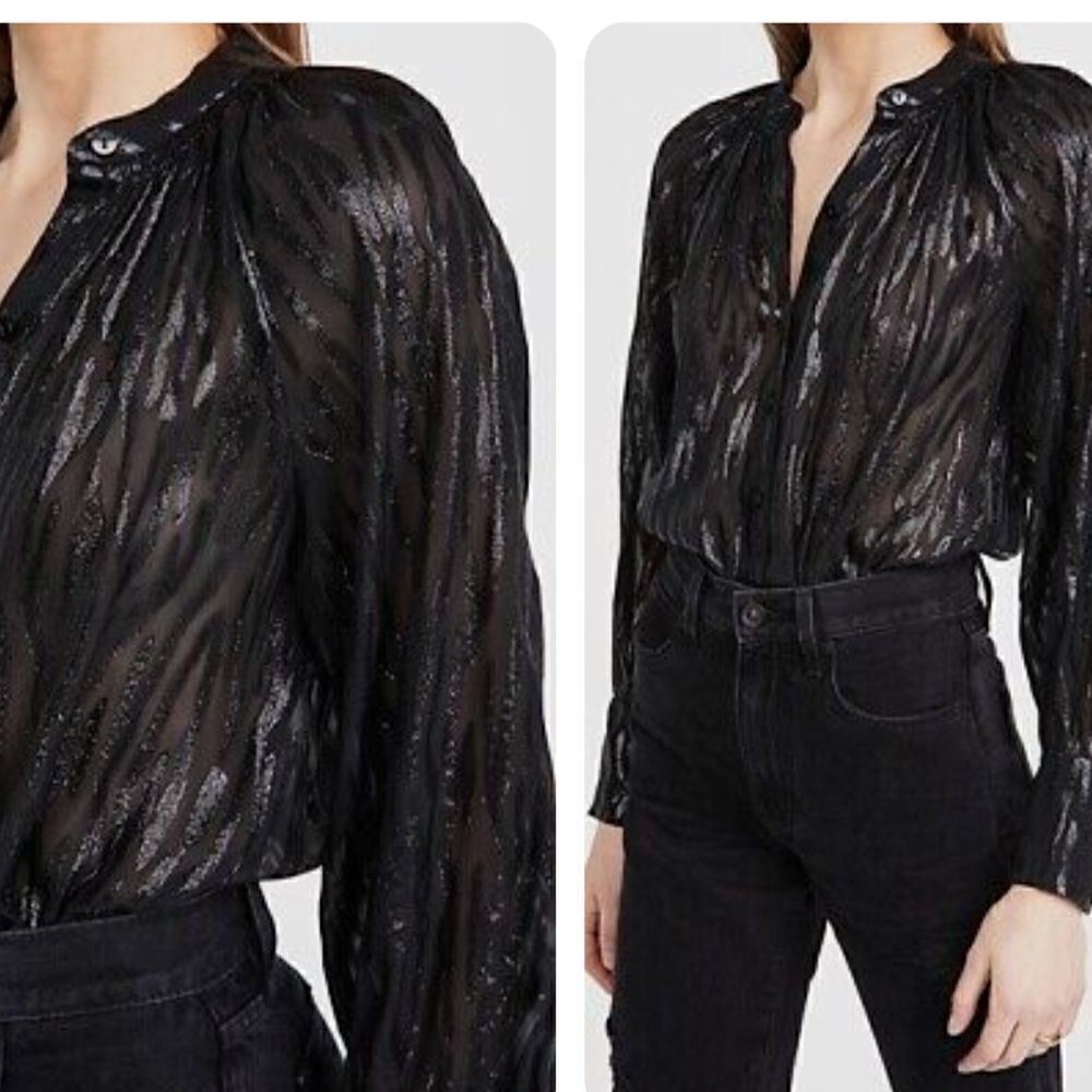 Rebecca Taylor Women’s long sleeve silk metallic black blouses size 4, NWT
